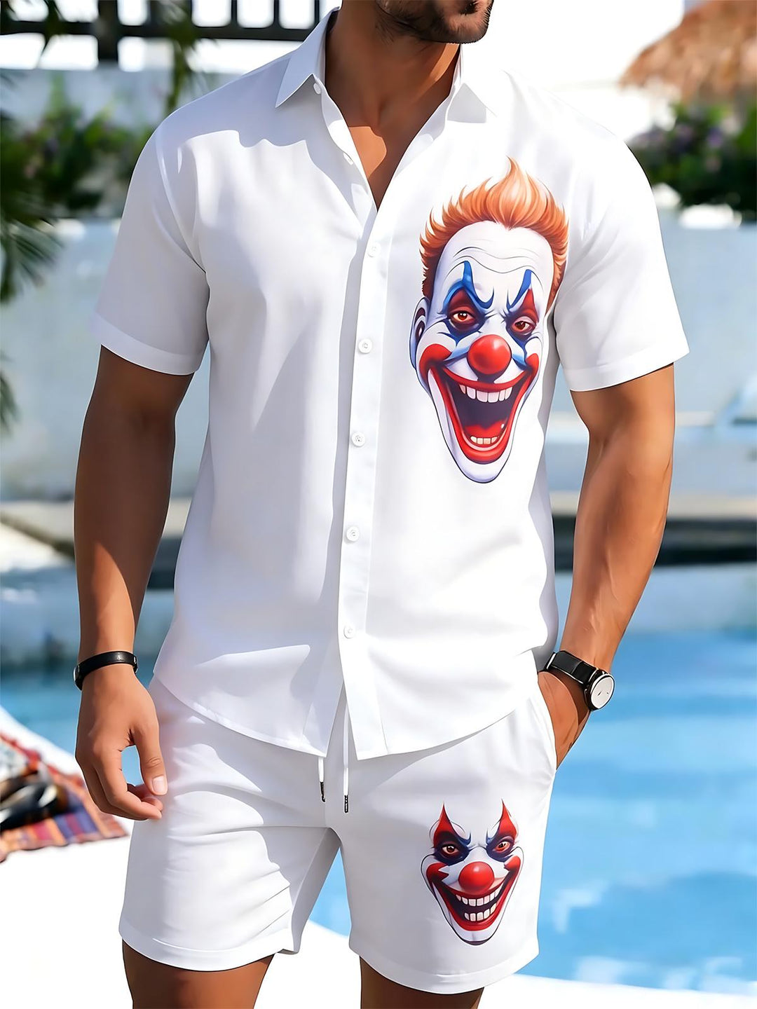 Clown Print Men's Short Sleeve Pocket Shirts And Shorts Set