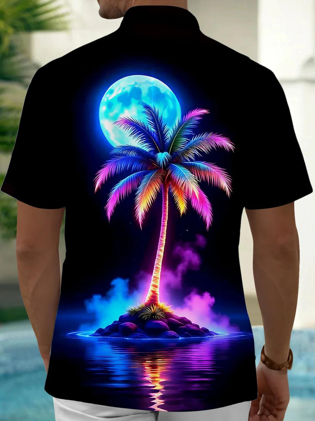 Hawaiian Coconut Tree Moon Men's Pocket Short Sleeve Shirts