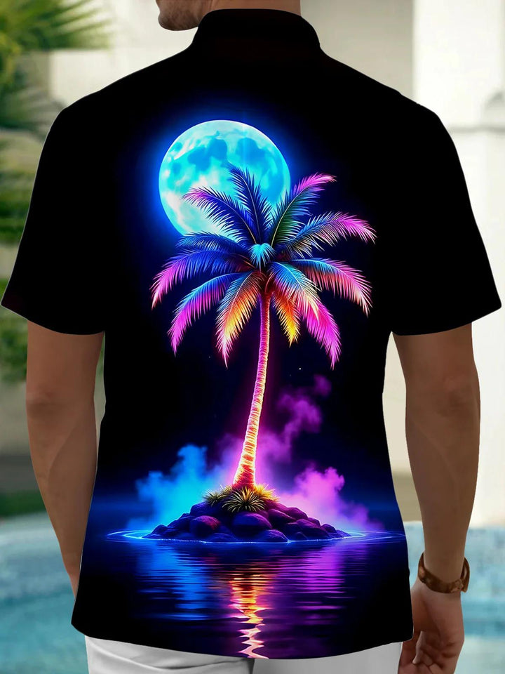 Hawaiian Coconut Tree Moon Men's Pocket Short Sleeve Shirts