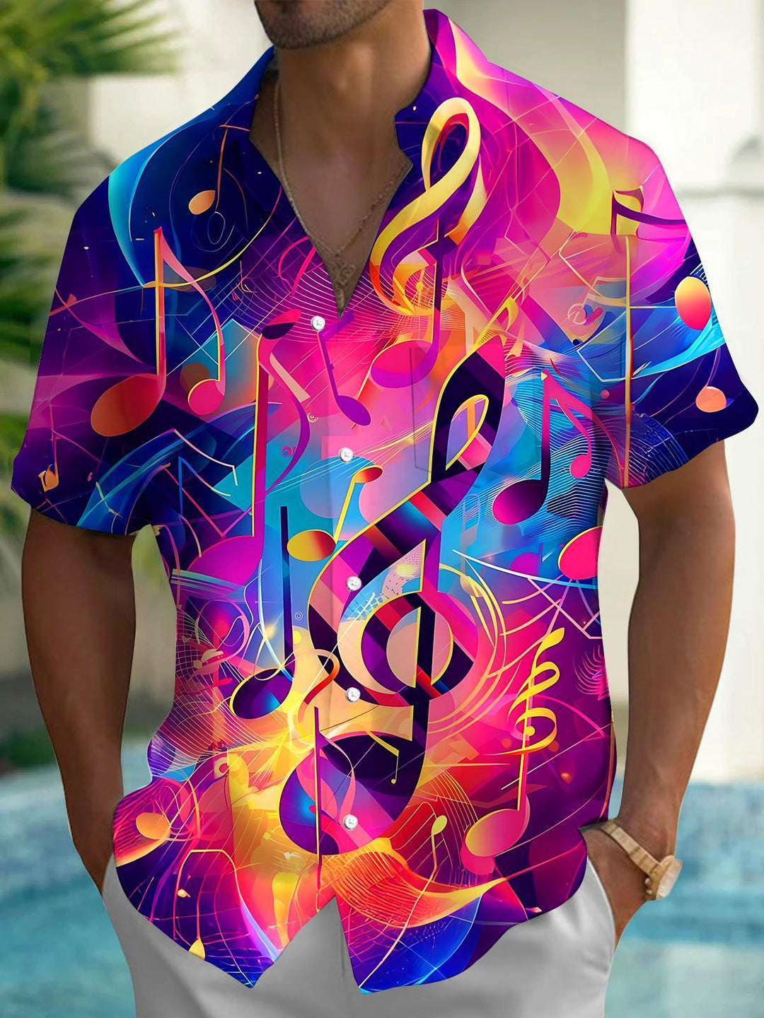 Colorful Gradient Music Note Abstract Music Men's Pocket Short Sleeve Shirts