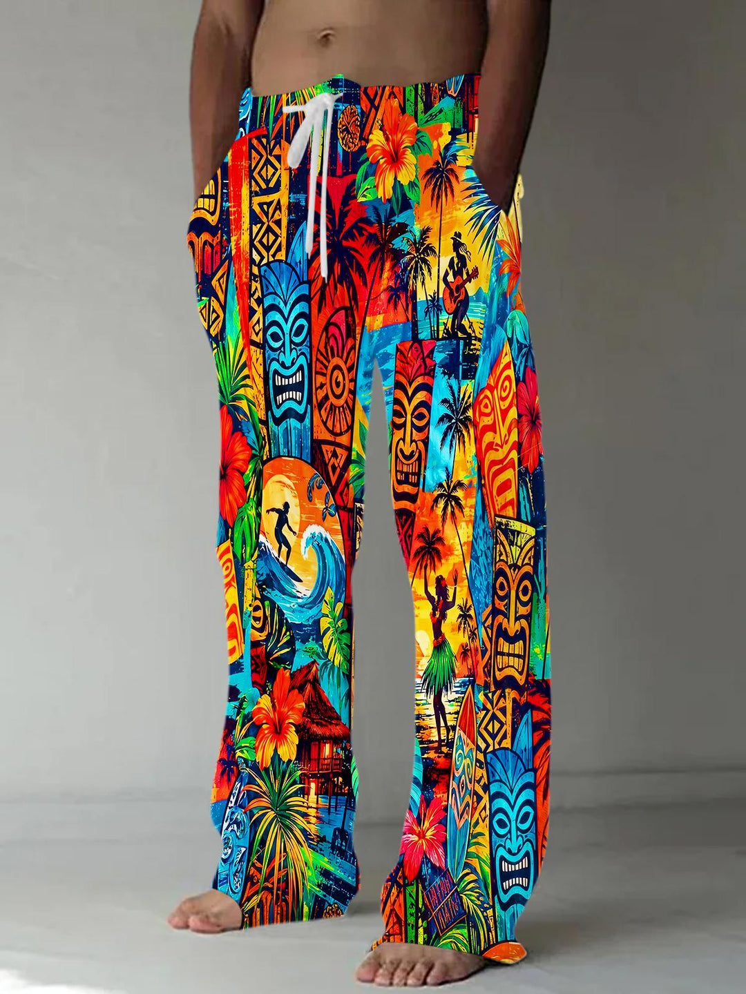 Fun Hawaiian Tiki Mask Surf Hula Dancer Tropical Men's Casual Elastic Waist Pants
