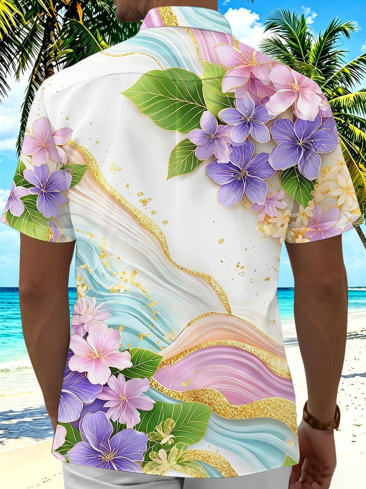 Art Gold Foil Gradient Purple Floral Hawaiian Men's Pocket Short Sleeve Shirts