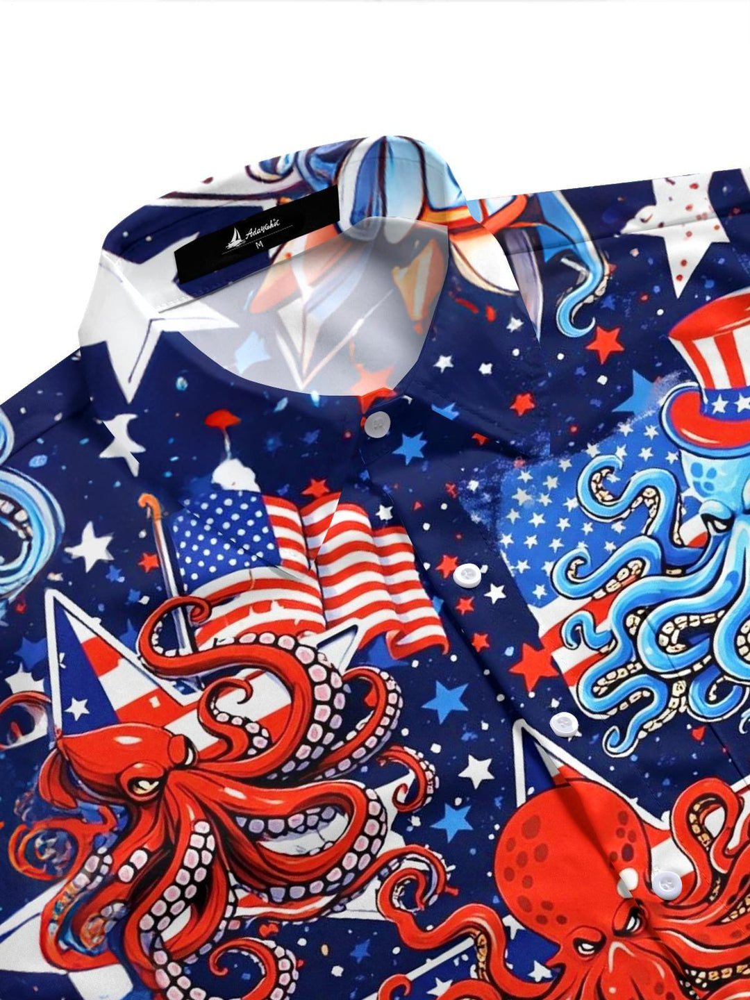 Independence Day Octopus American Flag Print Men's Pocket Short Sleeve Shirts