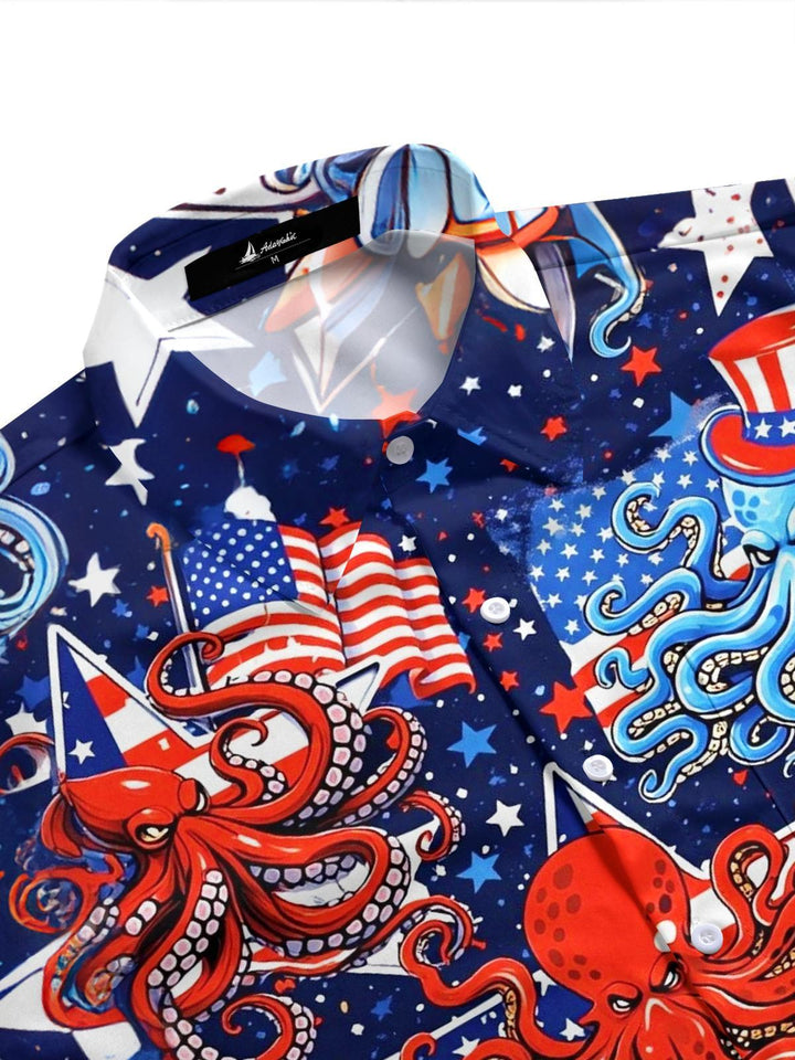 Independence Day Octopus American Flag Print Men's Pocket Short Sleeve Shirts