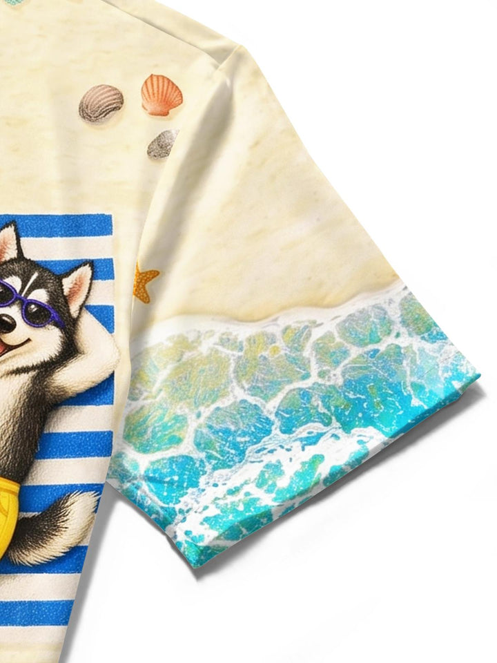 Hawaiian Beach Animal Puppy Print Men's Pocket Short Sleeve Shirts