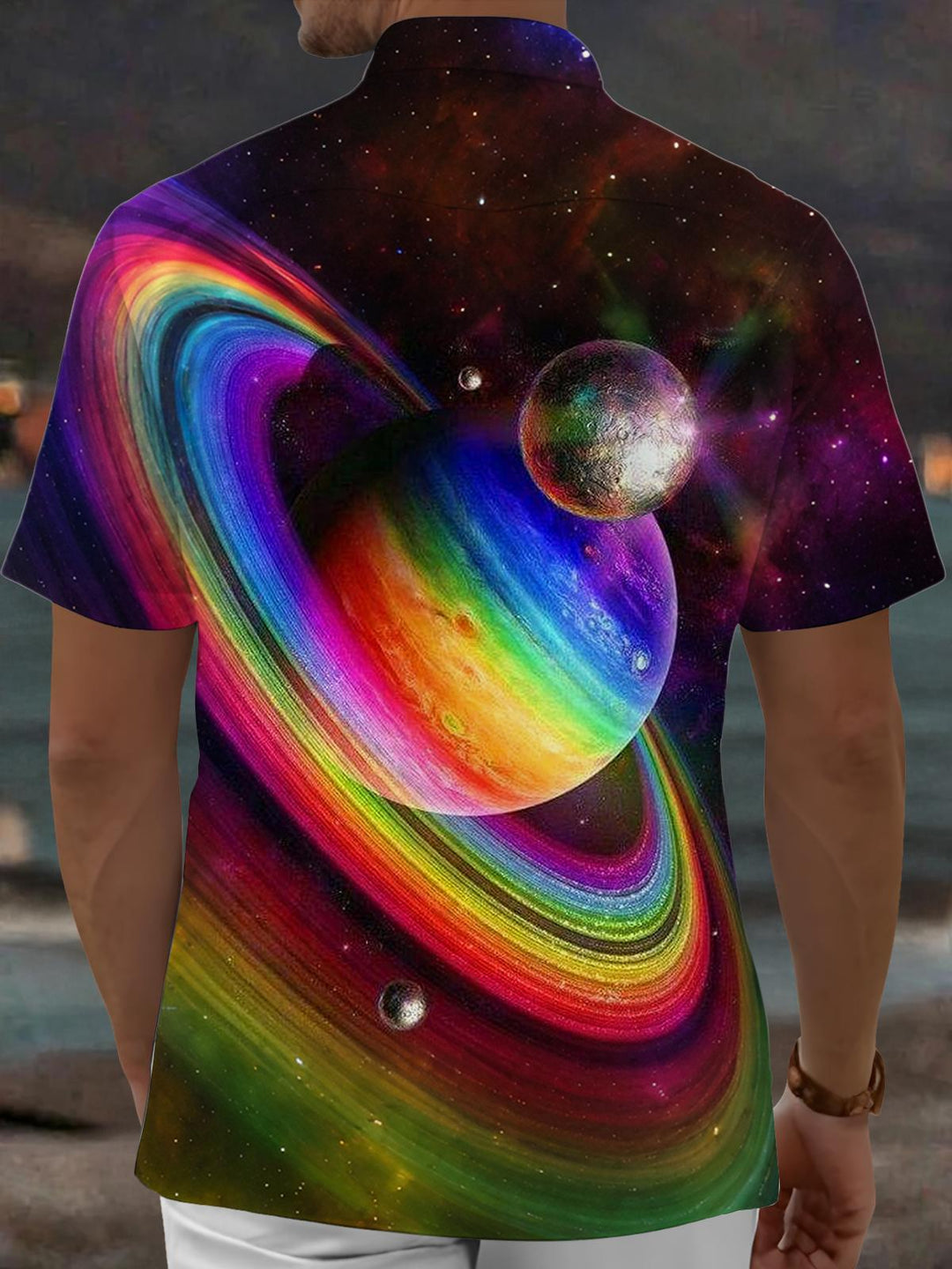 Universe Planet Print Men's Pocket Short Sleeve Shirts