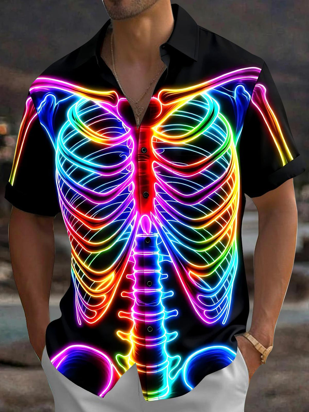 Colorful Skull Men's Pocket Short Sleeve Shirts
