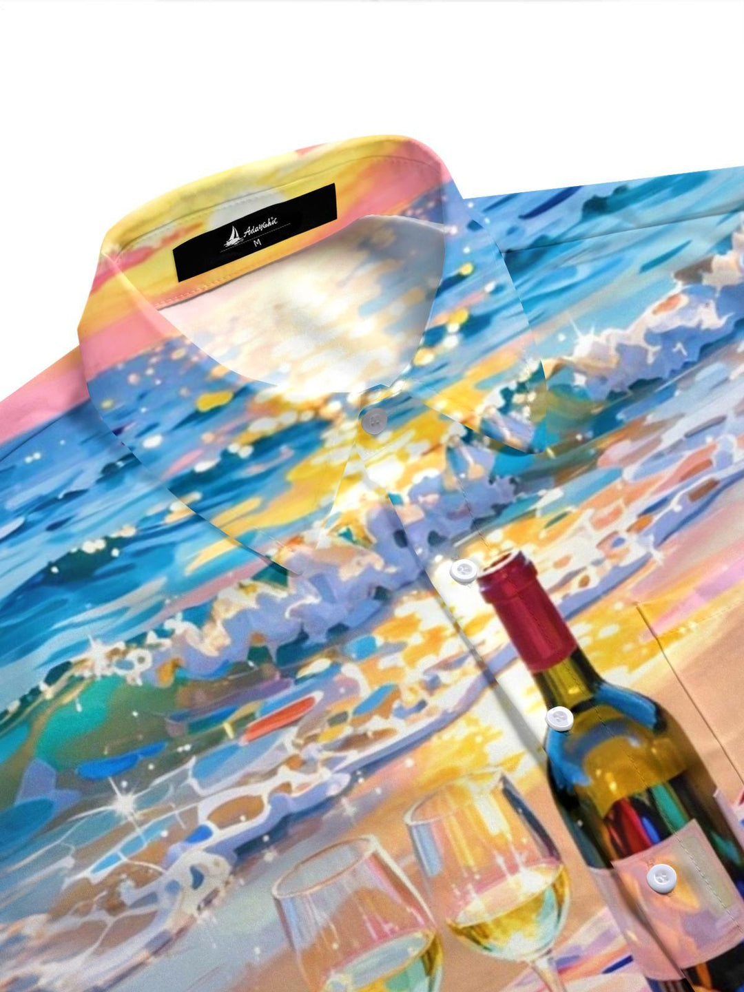 Seaside Beach Red Wine Tulip Print Men's Pocket Short Sleeve Shirts