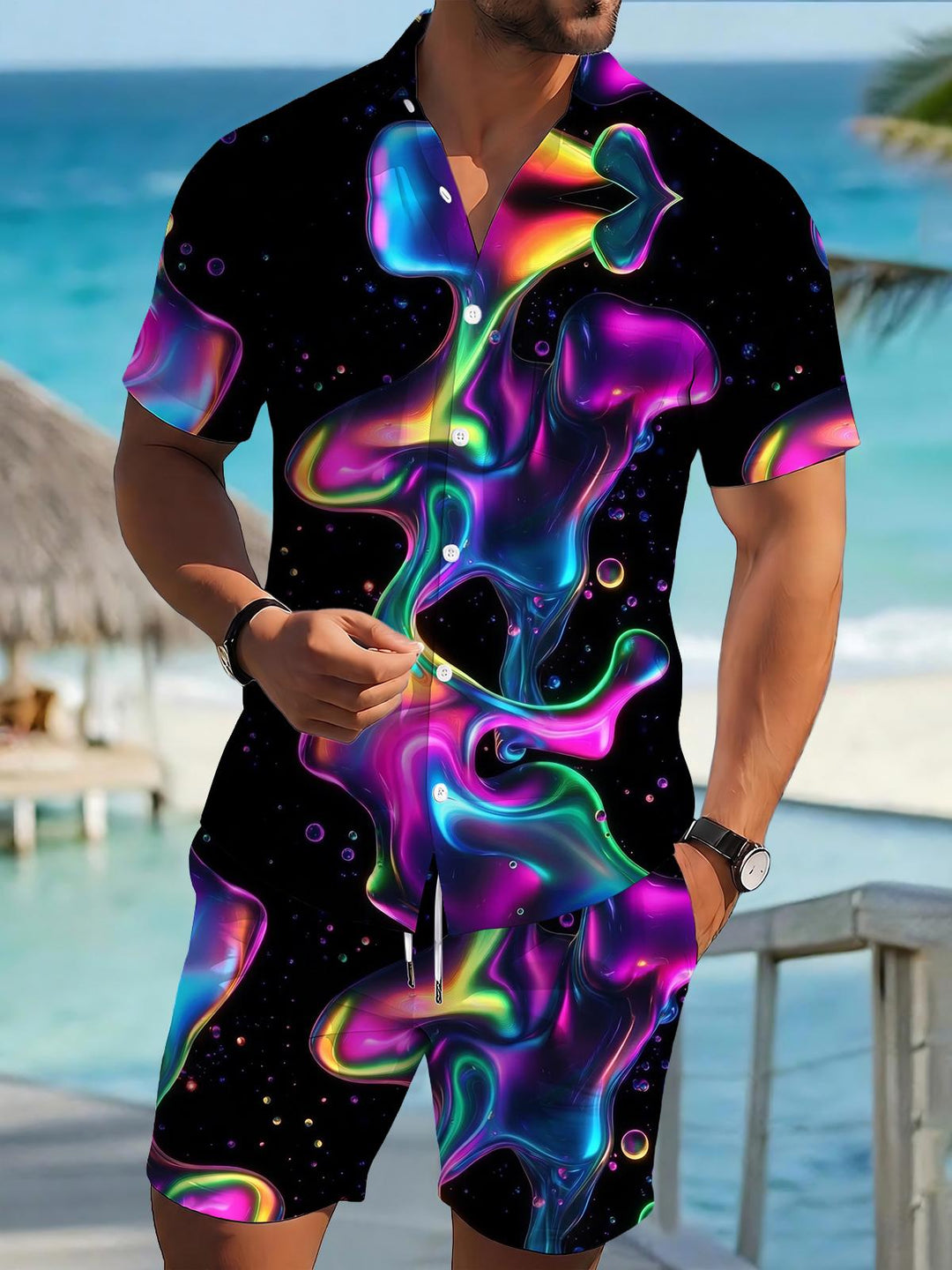 Abstract Men's Short Sleeve Pocket Shirts And Shorts Set