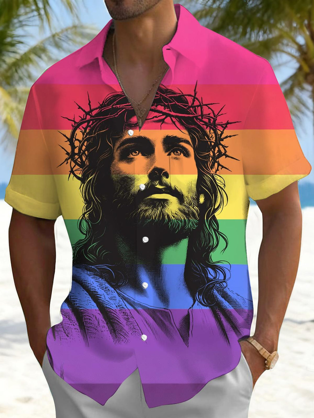 Jesus Print Men's Pocket Short Sleeve Shirts