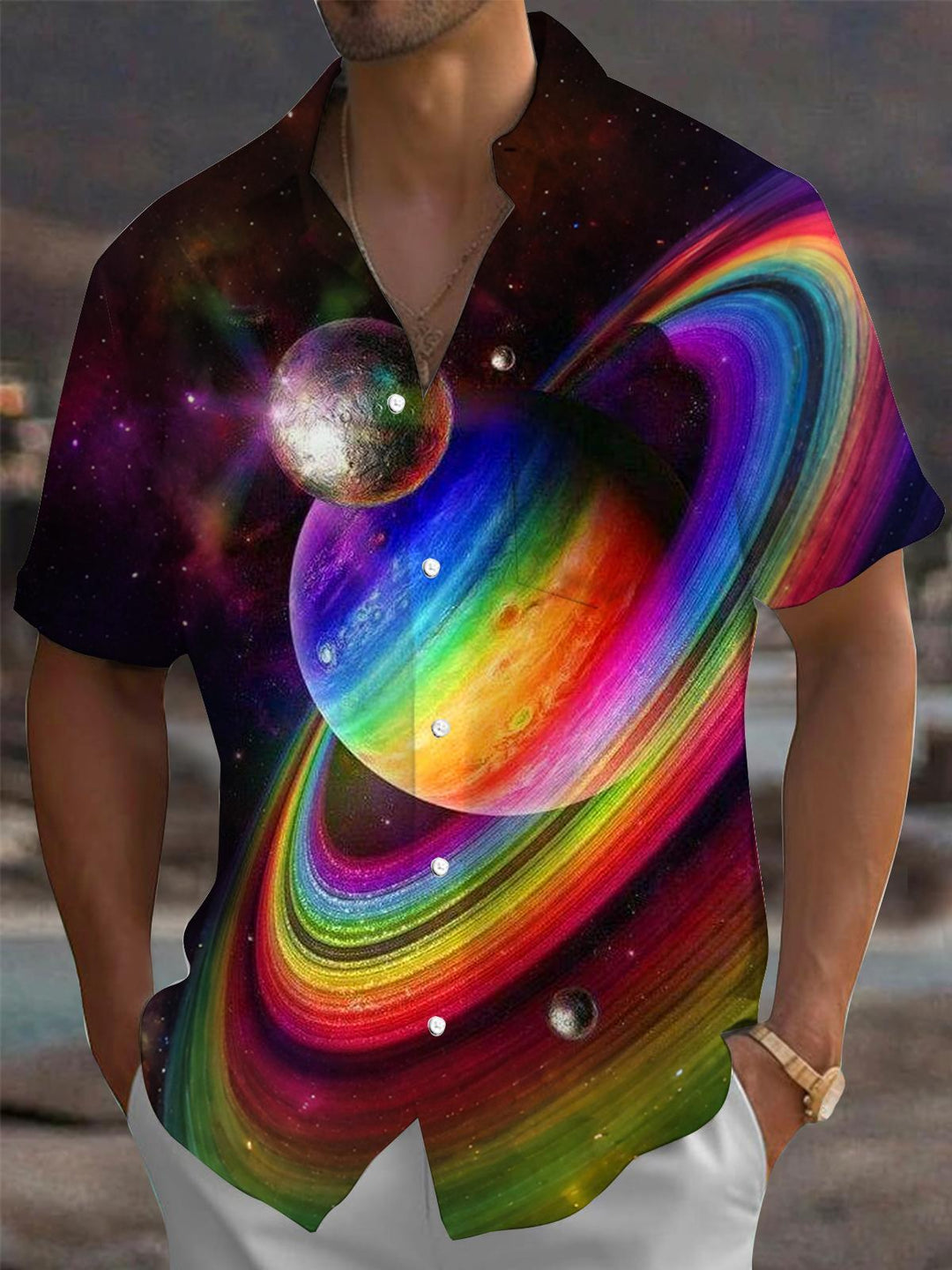Universe Planet Print Men's Pocket Short Sleeve Shirts