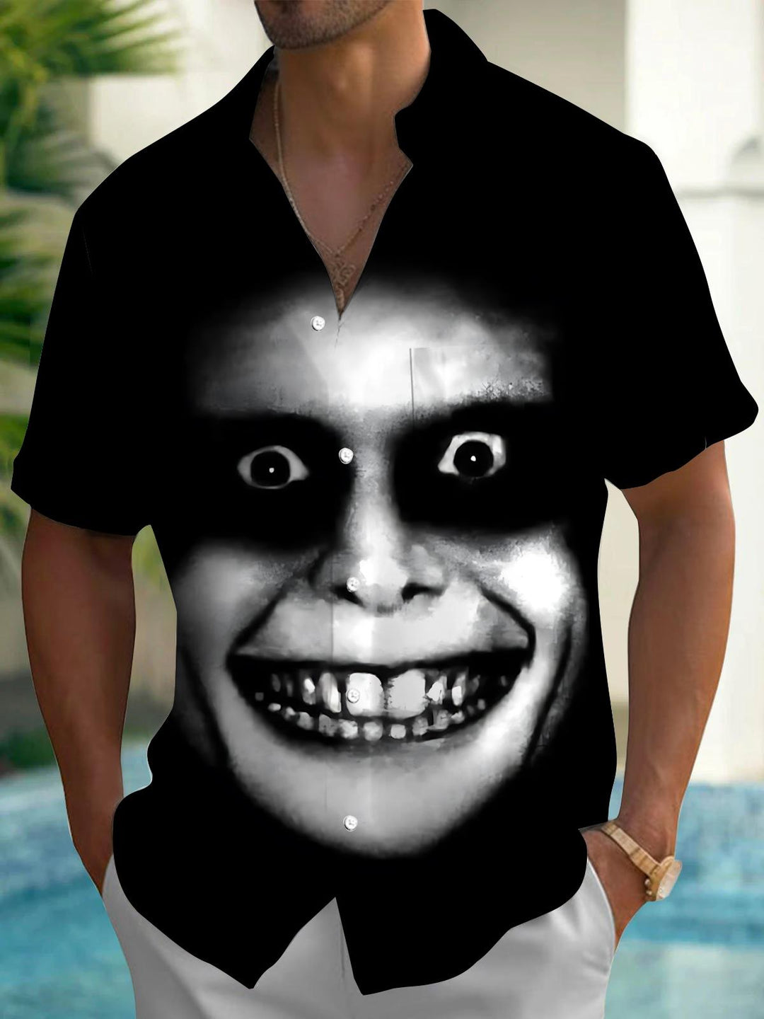 Horror Face Print Men's Pocket Short Sleeve Shirts