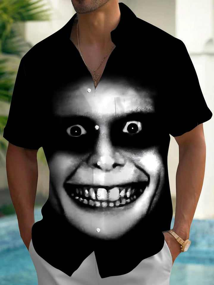 Horror Face Print Men's Pocket Short Sleeve Shirts