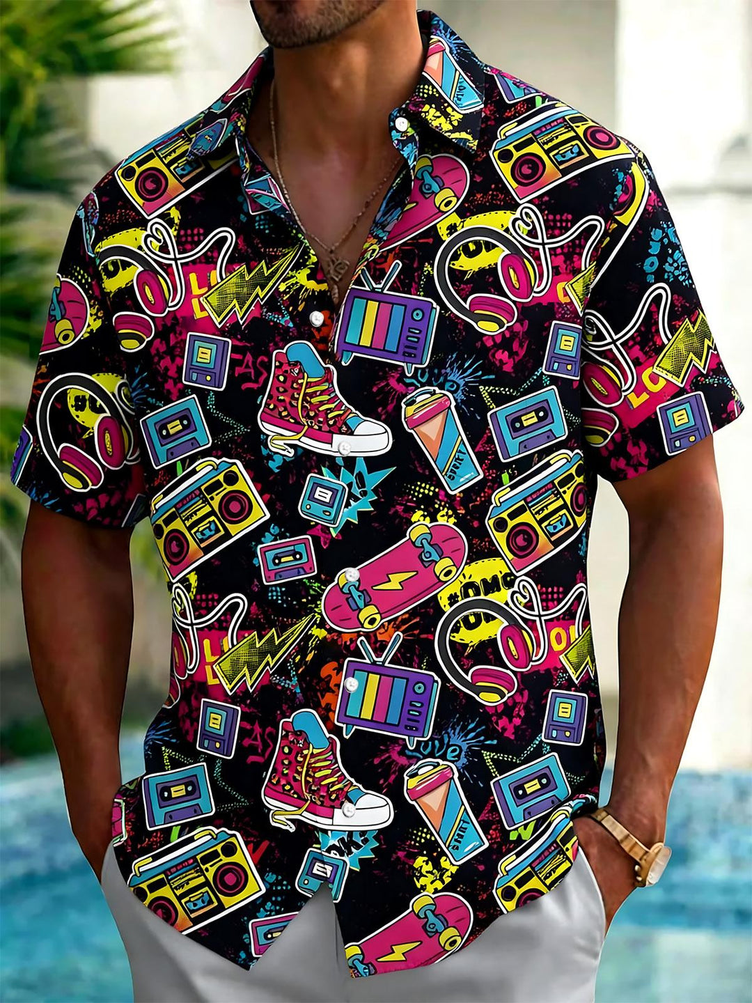 Retro 80s Pop Art Print Men's Pocket Short Sleeve Shirts