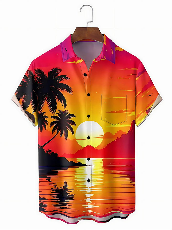 Hawaiian Sunset Coconut Trees Men's Pocket Short Sleeve Shirts