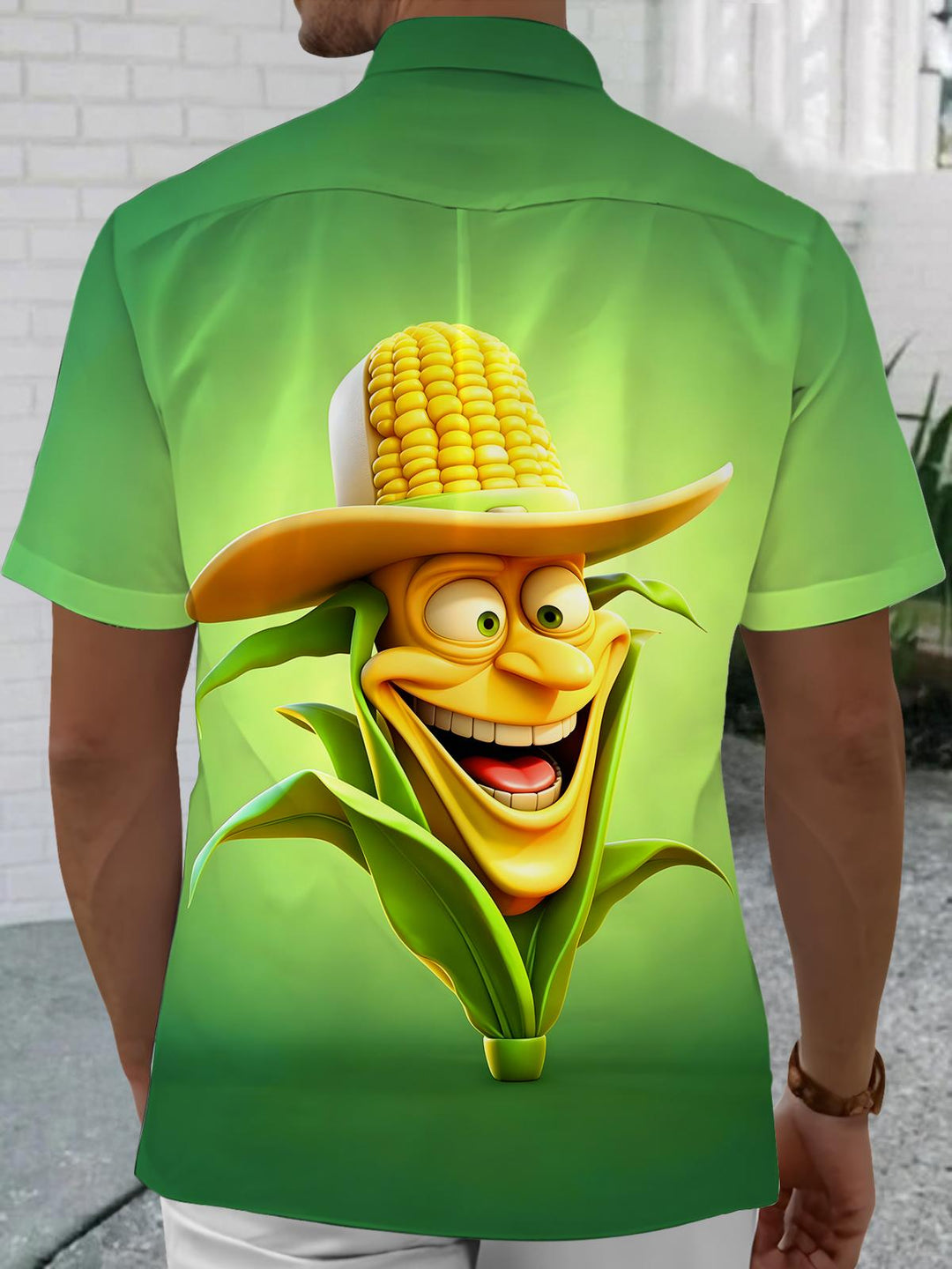 Fun Cartoon Corn Cowboy Men's Pocket Short Sleeve Shirts