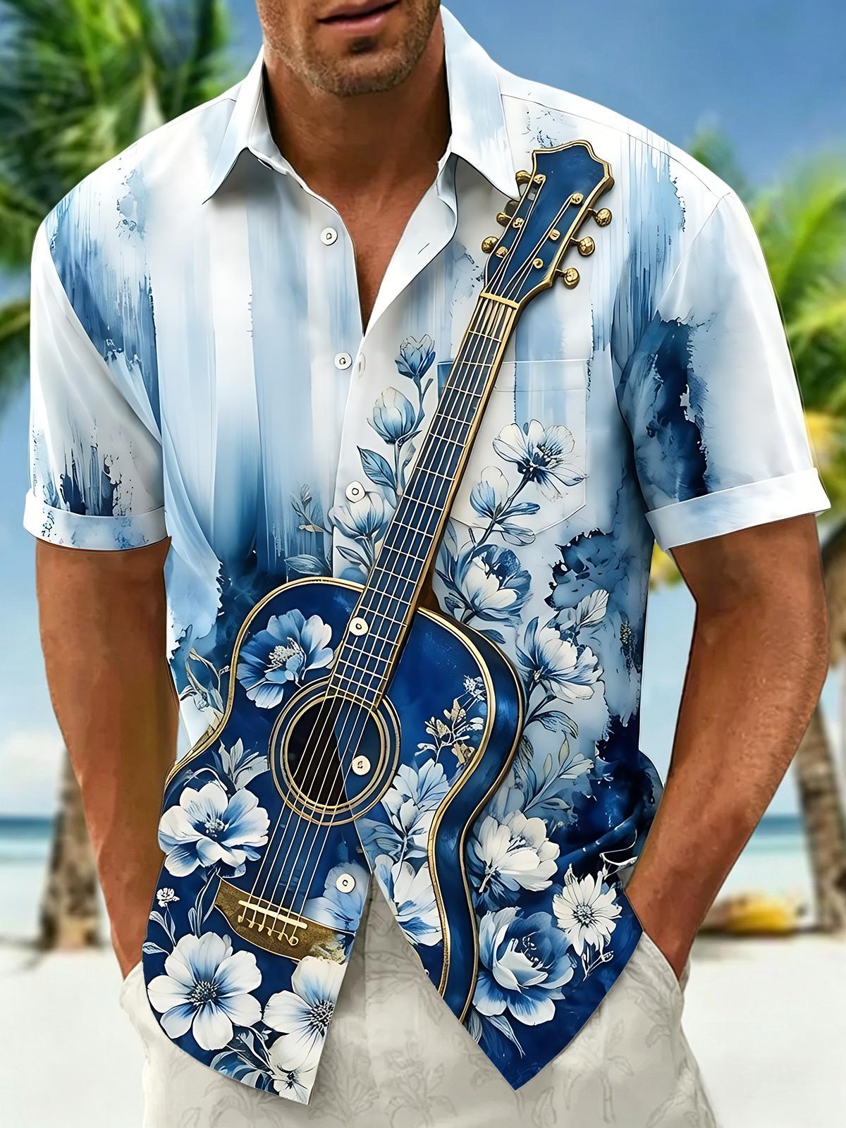 Blue Floral Guitar Gradient Abstract Music Men's Pocket Short Sleeve Shirts