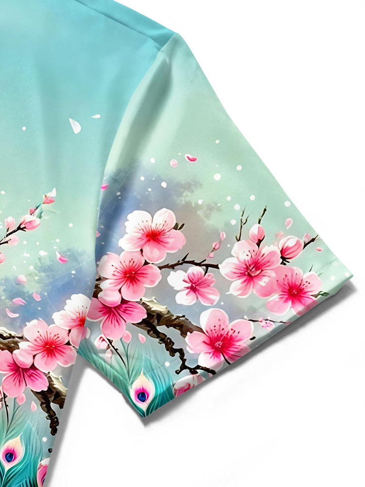 Cherry Blossom And Peacock Men's Pocket Short Sleeve Shirts