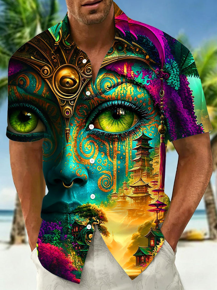 Dark Mysterious Exotic Gilded Human Face Pagoda Fantasy Art Men's Pocket Short Sleeve Shirts