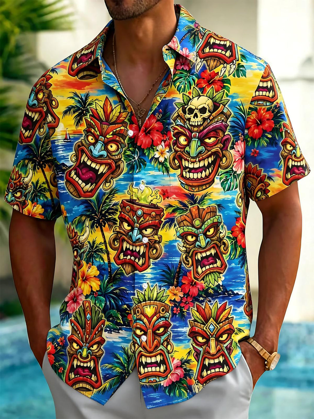 Hawaiian Tiki Print Men's Pocket Short Sleeve Shirts
