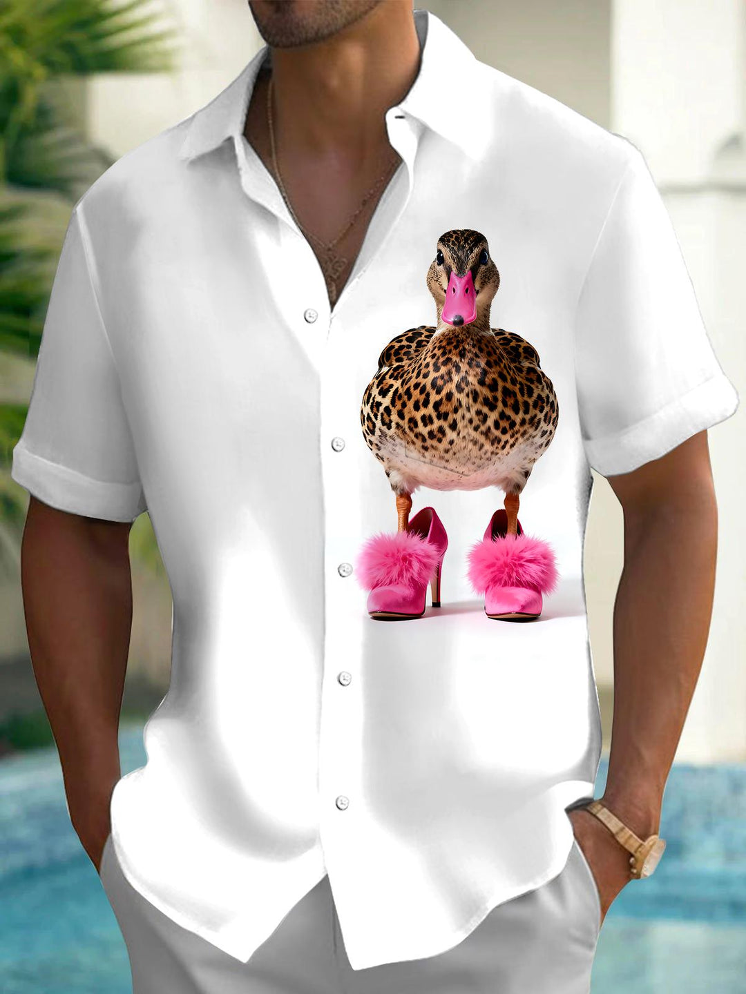 Leopard Duck Print Men's Pocket Short Sleeve Shirts