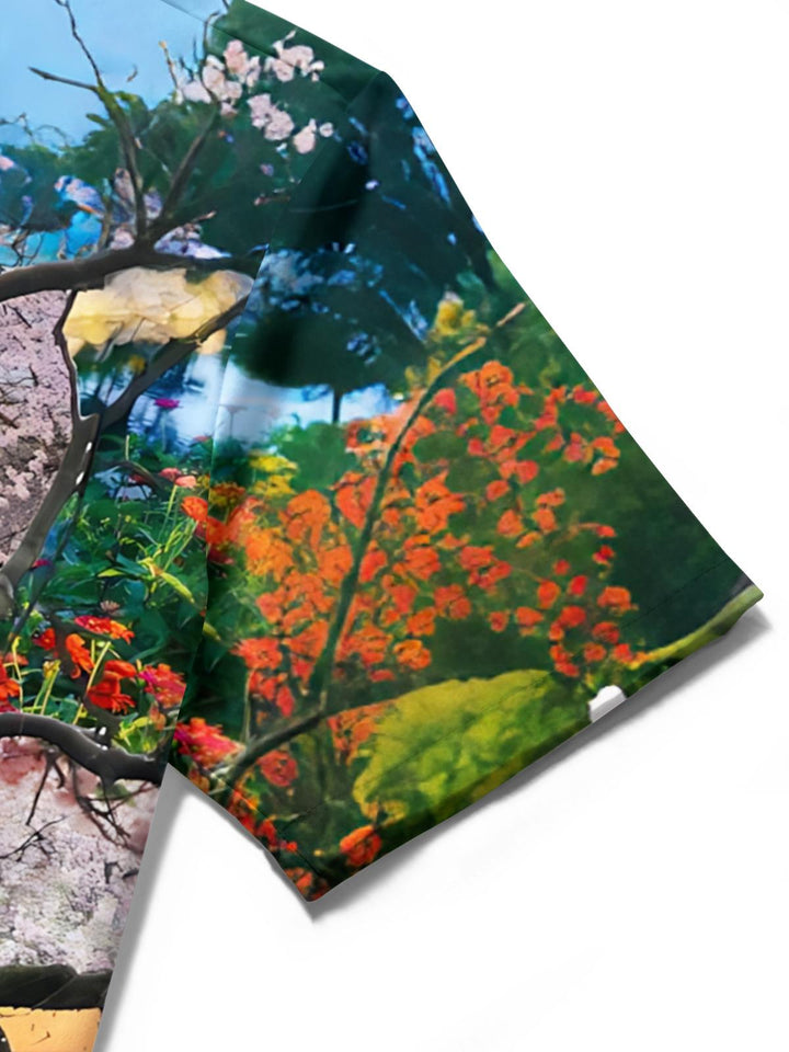 Sakura Scenery Print Men's Pocket Short Sleeve Shirts