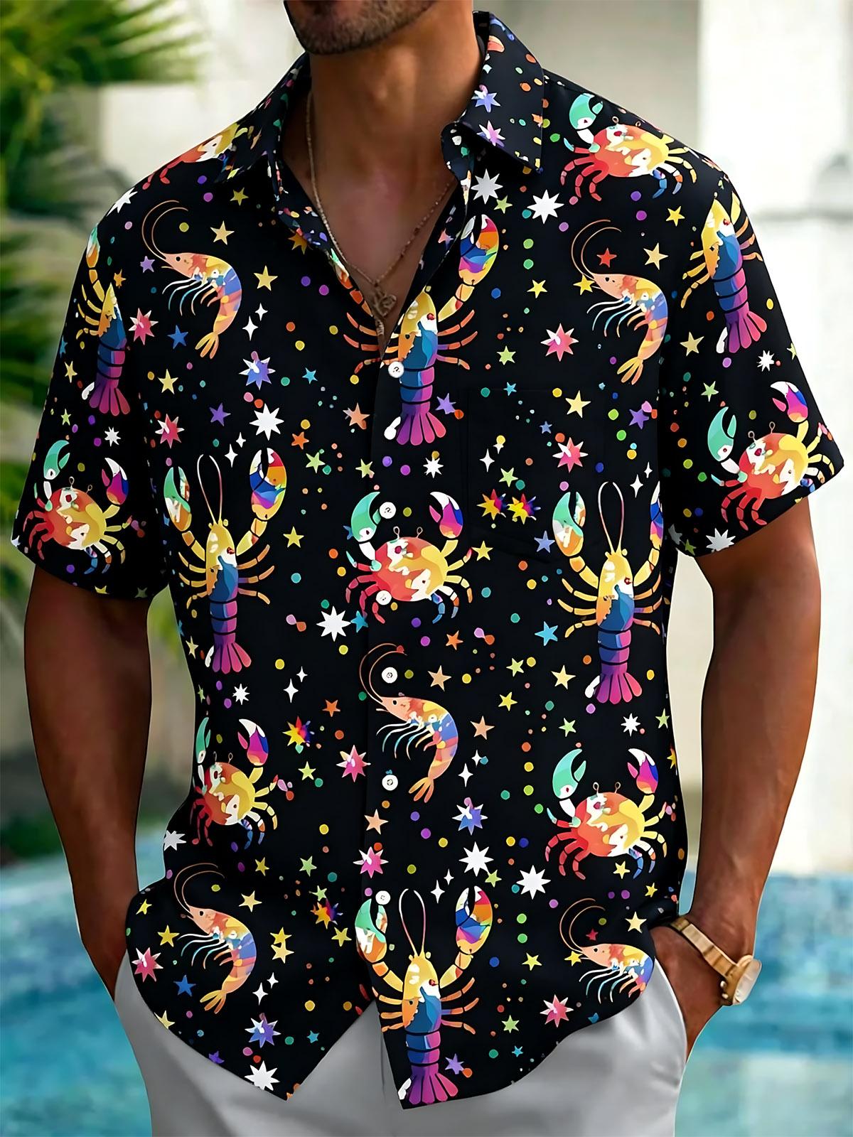Crab Lobster Print Men's Pocket Short Sleeve Shirts