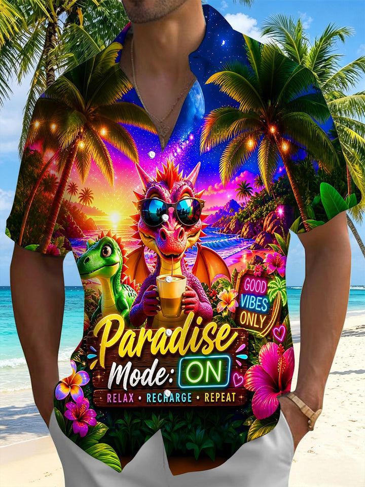 Vacation Tropical Dinosaur Party Hawaiian Men's Pocket Short Sleeve Shirts