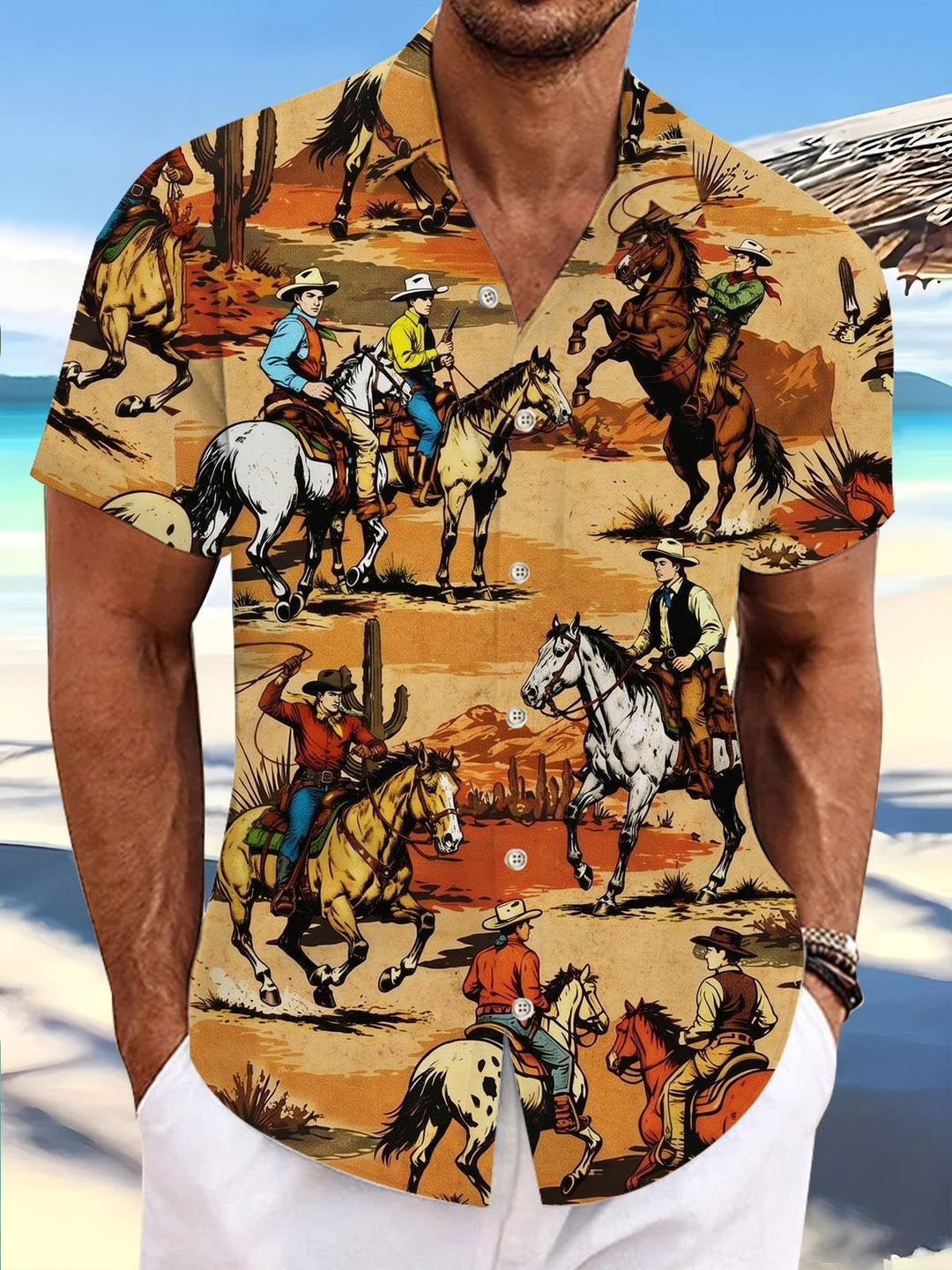 Western Cowboy Print Men's Pocket Short Sleeve Shirts