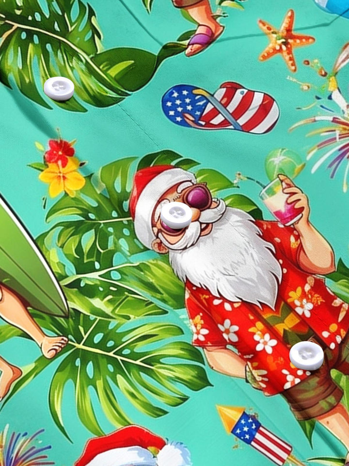 Fun Hawaii Summer Christmas Santa Claus Pineapple Men's Pocket Short Sleeve Shirts