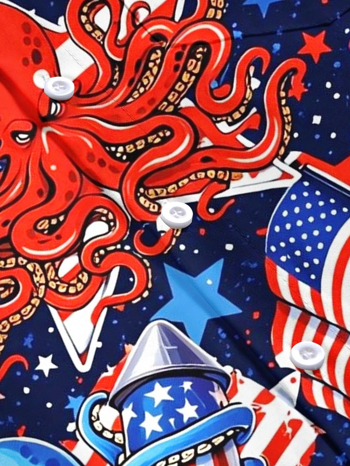 Independence Day Octopus American Flag Print Men's Pocket Short Sleeve Shirts
