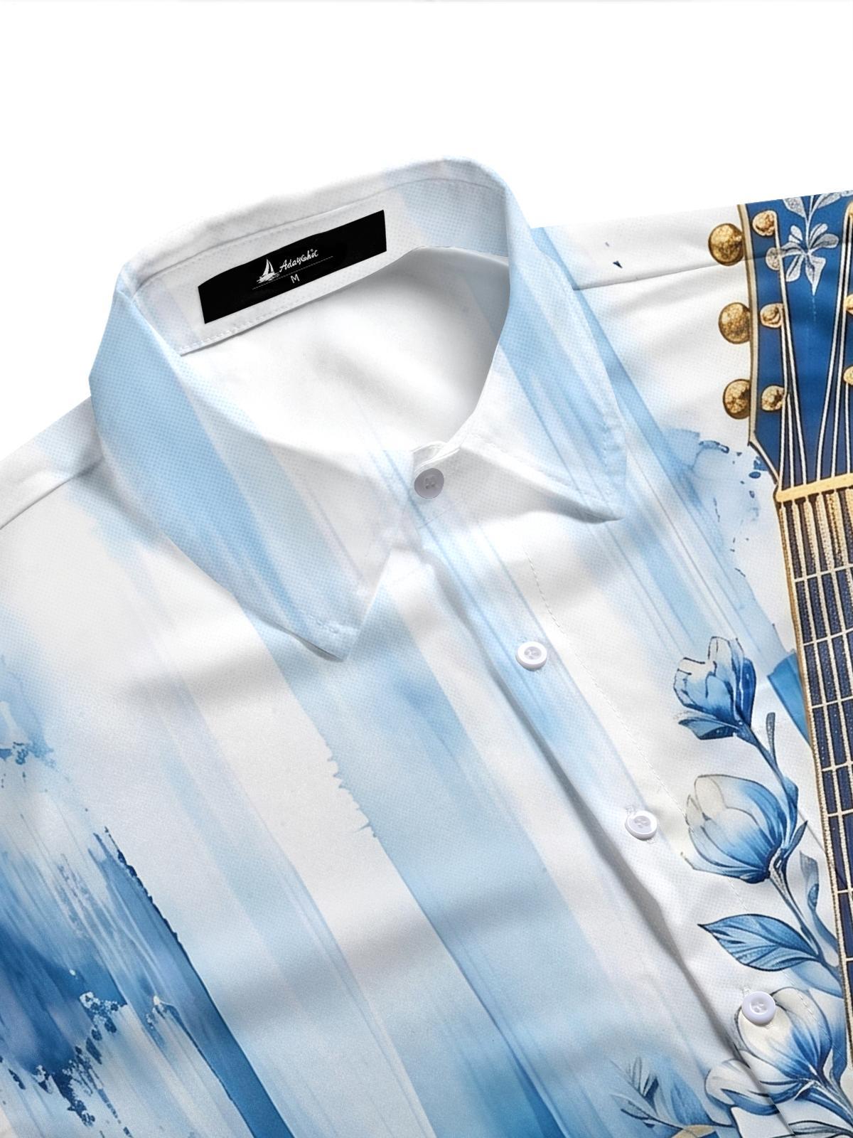 Blue Floral Guitar Gradient Abstract Music Men's Pocket Short Sleeve Shirts