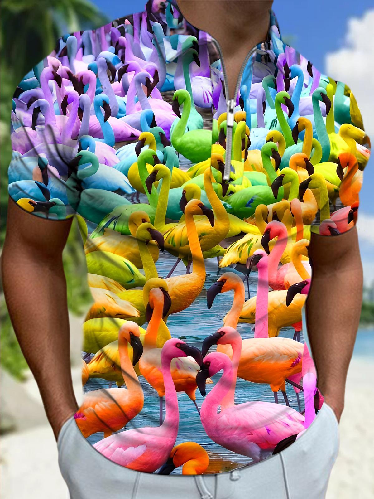 Flamingo Print Men's Short Sleeve Zipper Polo