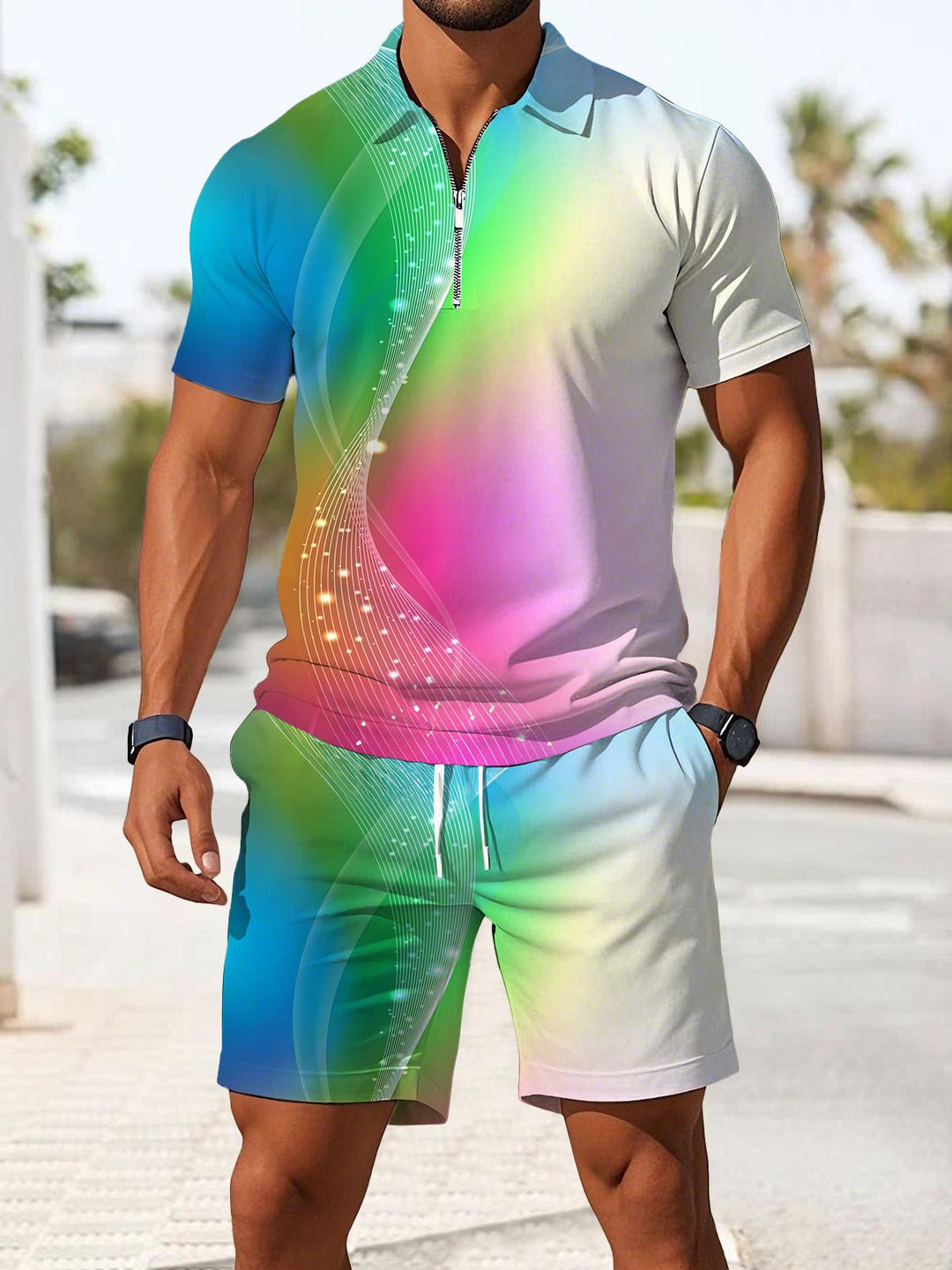 Abstract Gradient Print Men's Short Sleeve Zipper Polo And Shorts Set