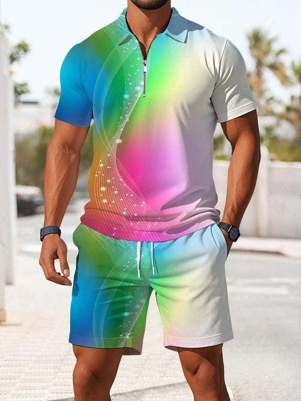 Abstract Gradient Print Men's Short Sleeve Zipper Polo And Shorts Set