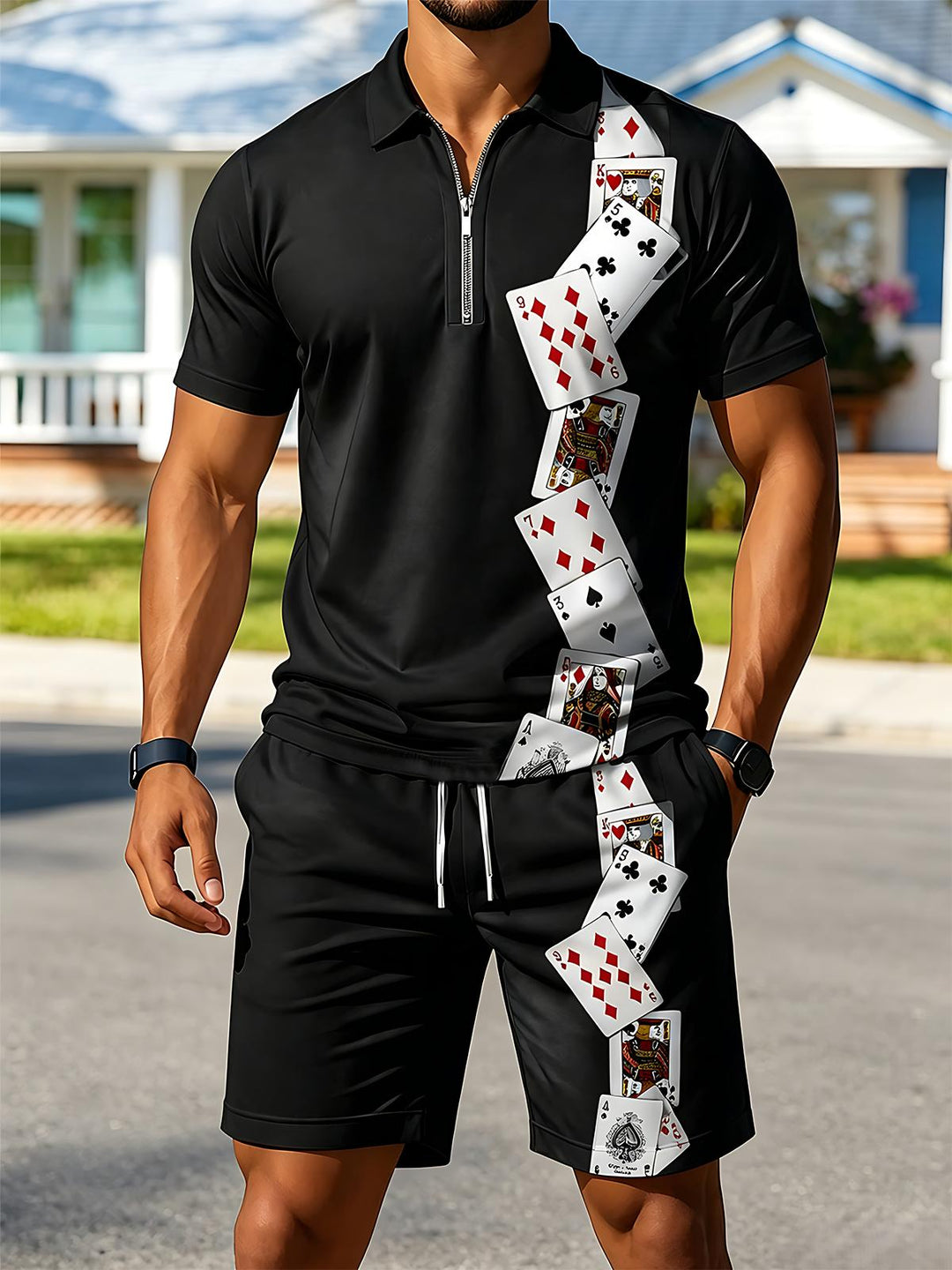 Dark Poker Men's Short Sleeve Zipper Polo And Shorts Set