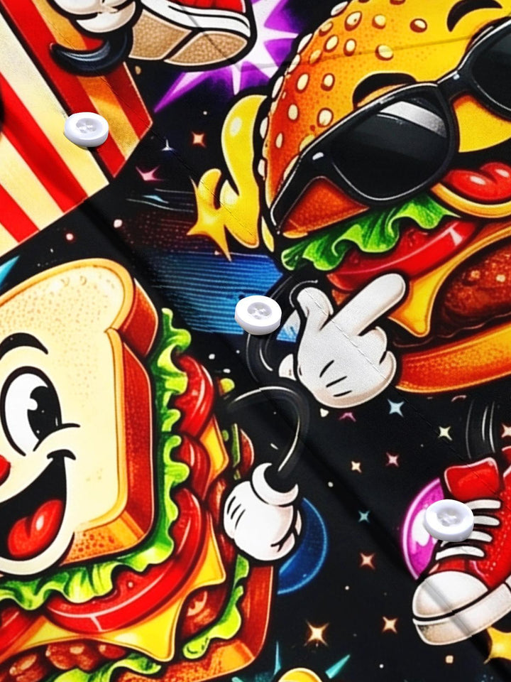 Food Hamburgers French Fries Popcorn Donut Print Men's Pocket Short Sleeve Shirts