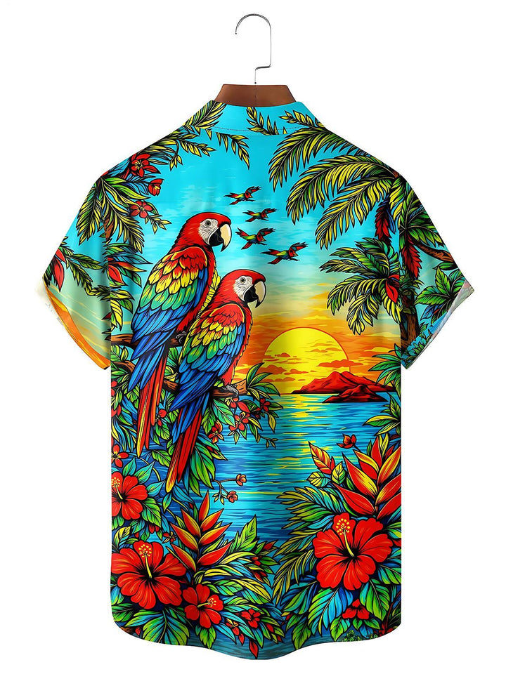 Hawaiian Sunset Parrot Men's Pocket Short Sleeve Shirts
