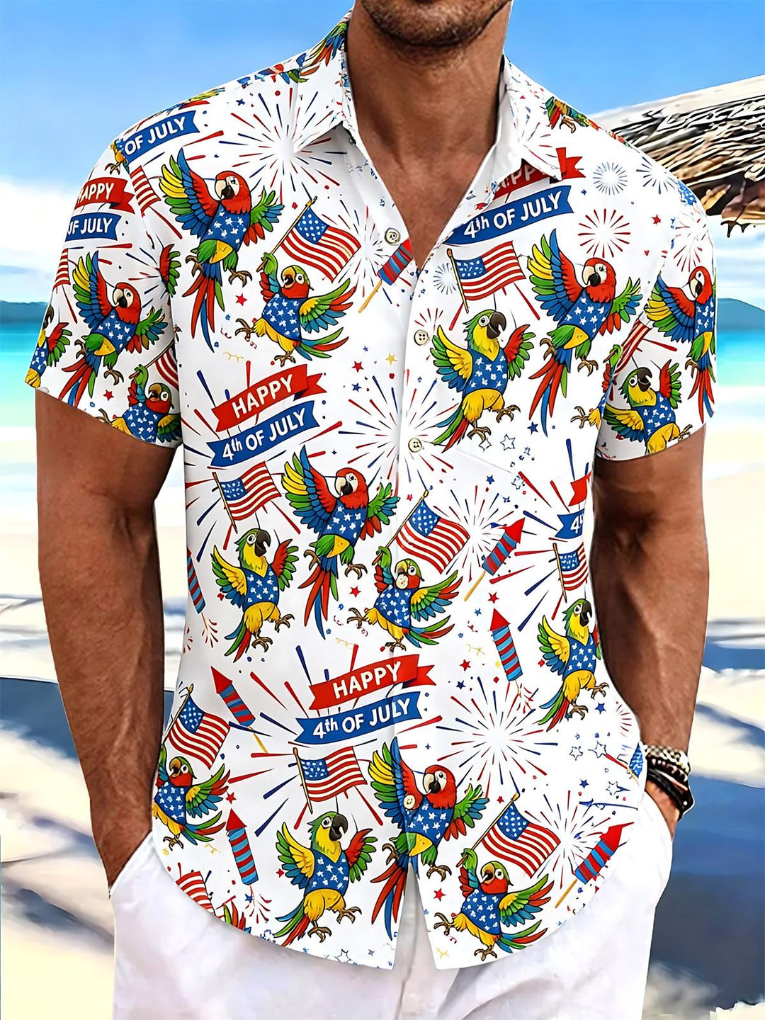 Independence Day American Flag Parrot Print Men's Pocket Short Sleeve Shirts
