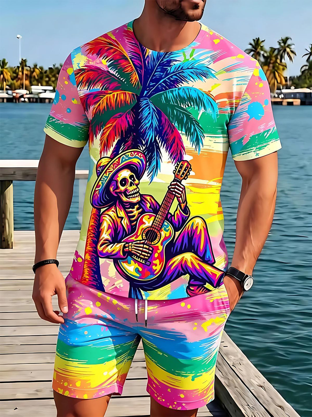 Skull Coconut Tree Men's Short Sleeve Round Neck T-shirt And Shorts Set