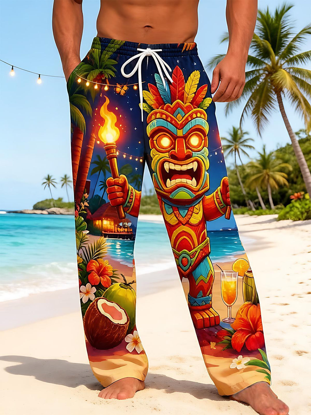 Fun Hawaiian Night Torch Tiki Statue Coconut Tree Vacation Men's Casual Elastic Waist Pants