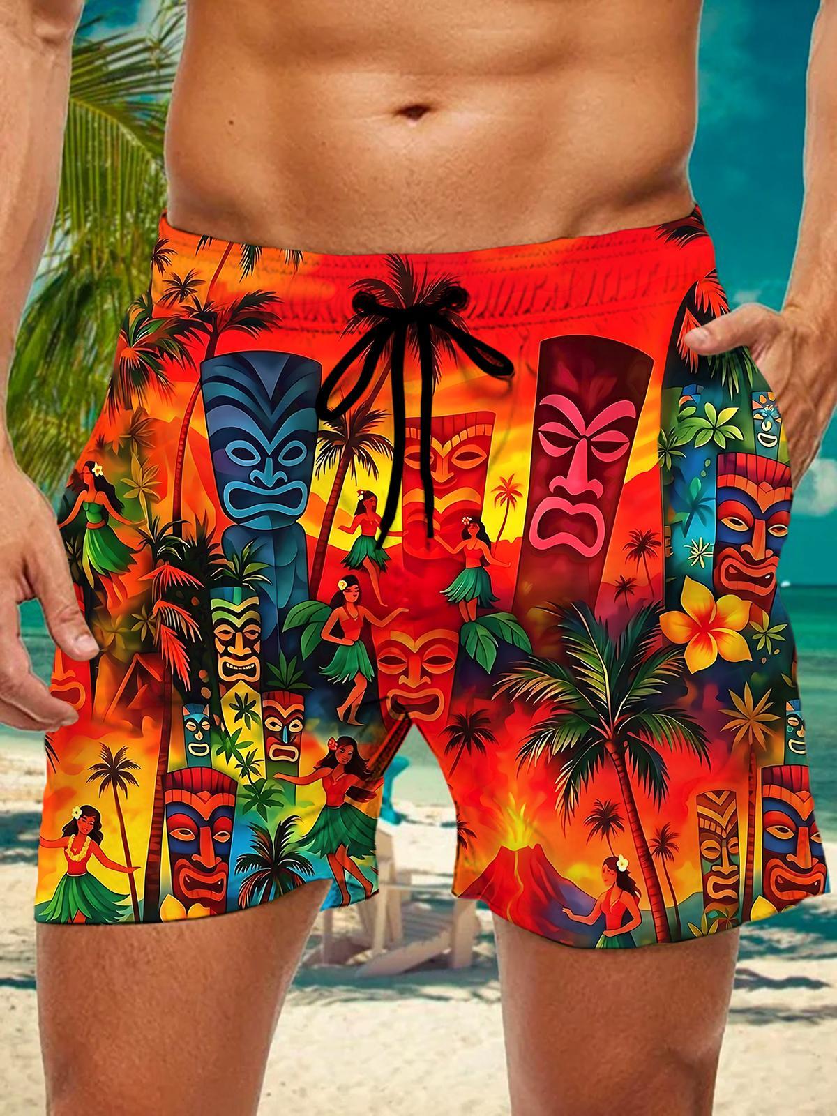 Hawaiian Coconut Trees Volcano Tiki Men's Print Pocket Shorts