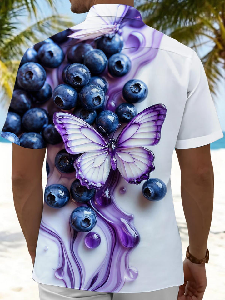 Butterfly Blueberry Print Men's Pocket Short Sleeve Shirts