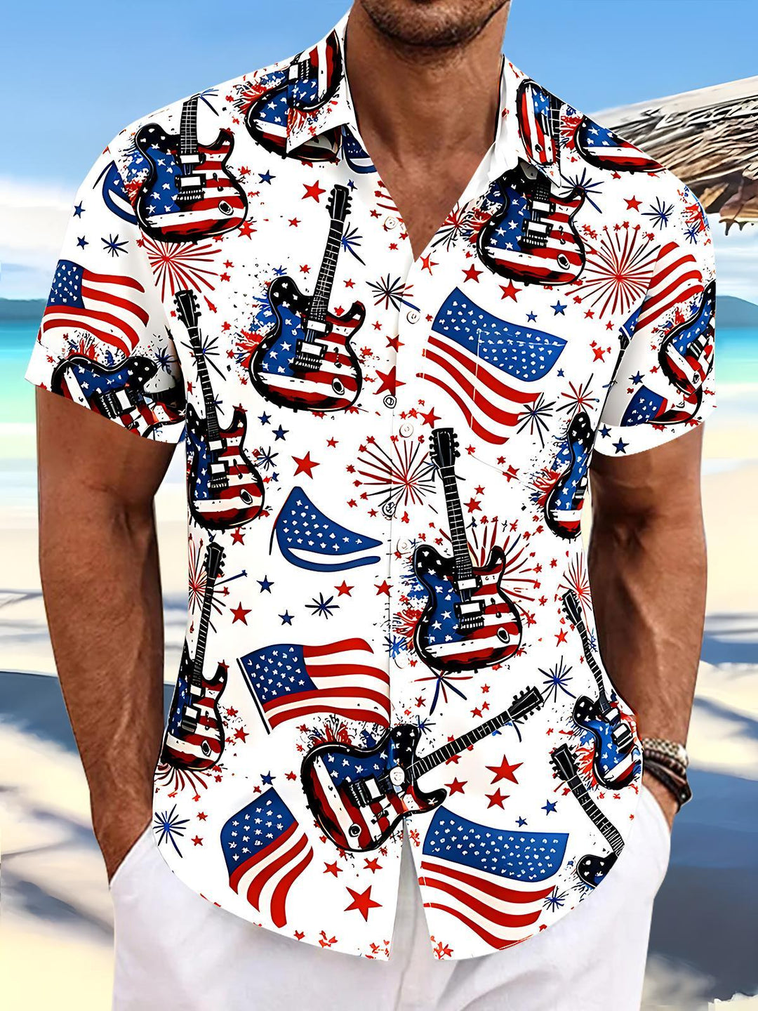 American Flag Guitar Fireworks Men's Pocket Short Sleeve Shirts