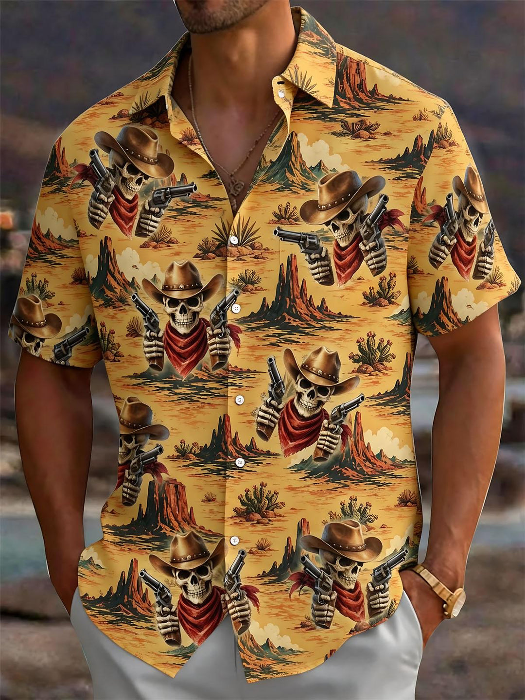 Western Cowboy Skull Print Men's Pocket Short Sleeve Shirts