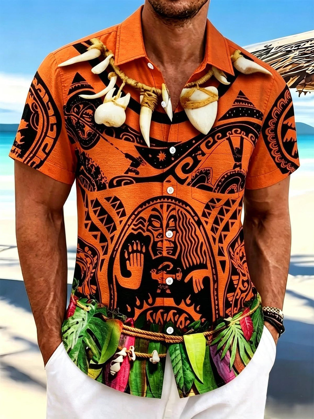 Hawaiian Orange Tribal Totem Decorated Men's Pocket Short Sleeve Shirts