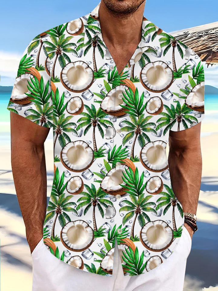 Hawaiian Coconut Palm Tree Print Men's Pocket Short Sleeve Shirts