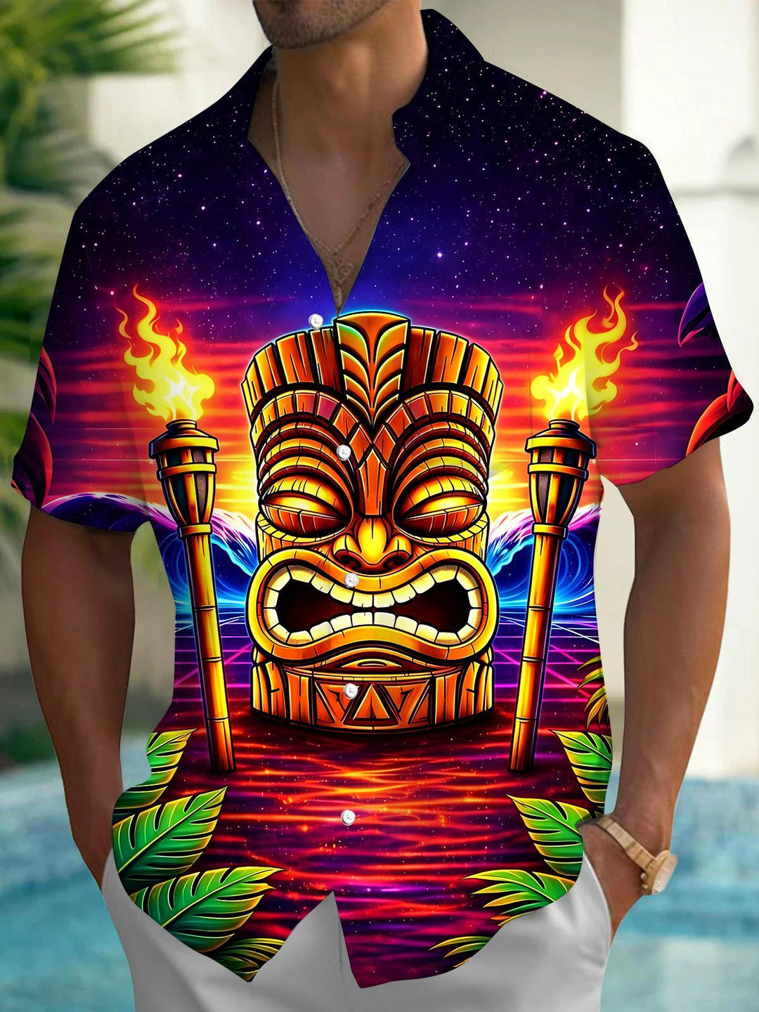 Hawaiian Tiki Leaf Men's Pocket Short Sleeve Shirts