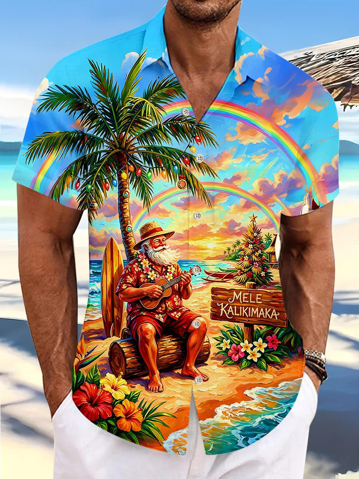 Hawaiian Christmas Santa Claus Playing Music Guitar Men's Pocket Short Sleeve Shirts