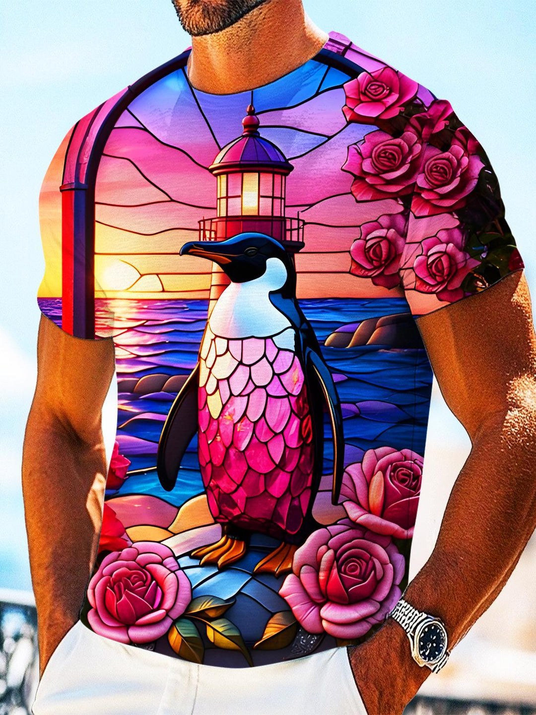 Funny Penguin Lighthouse Floral Round Neck Short Sleeve Men's T-shirt